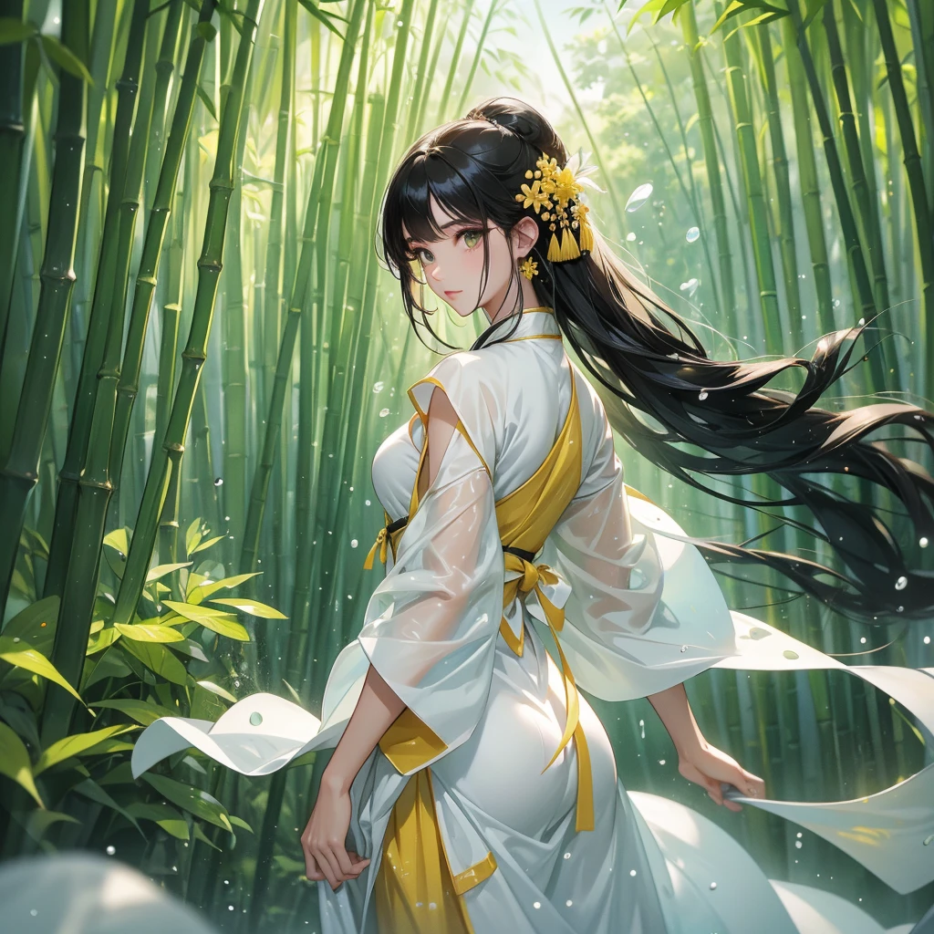 A black hair beautiful female in white-yellow hanfu dress , close up.

The back is a lush green bamboo forest. The air after rain has water droplets splashing around.