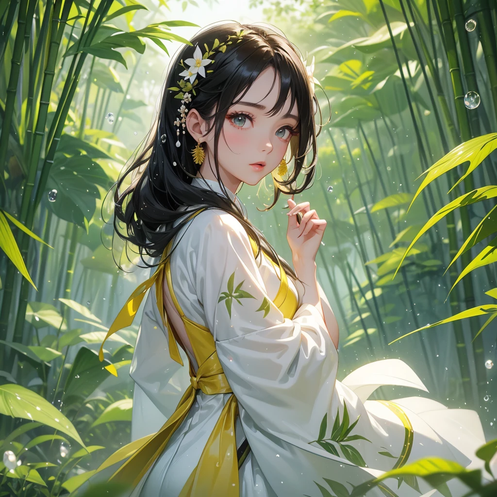 A black hair beautiful female in white-yellow hanfu dress , close up.
The back is a lush green bamboo forest. The air after rain has water droplets splashing around.