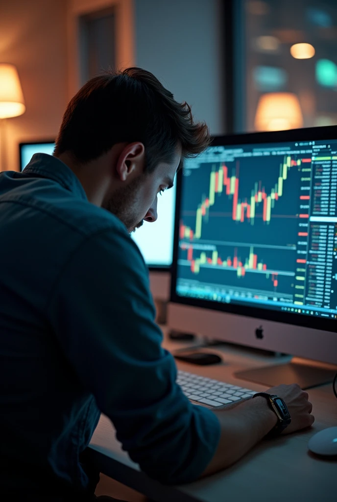 A man who works hard on the computer on the computer you can see that he is trading stocks and he is trying very hard. You should only see his back from behind and have a look over his shoulders at his computer