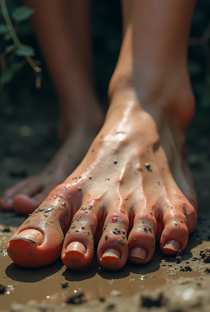 Sweat is dripping from Naruto's feet, his toes are dirty and his nails are dirty.