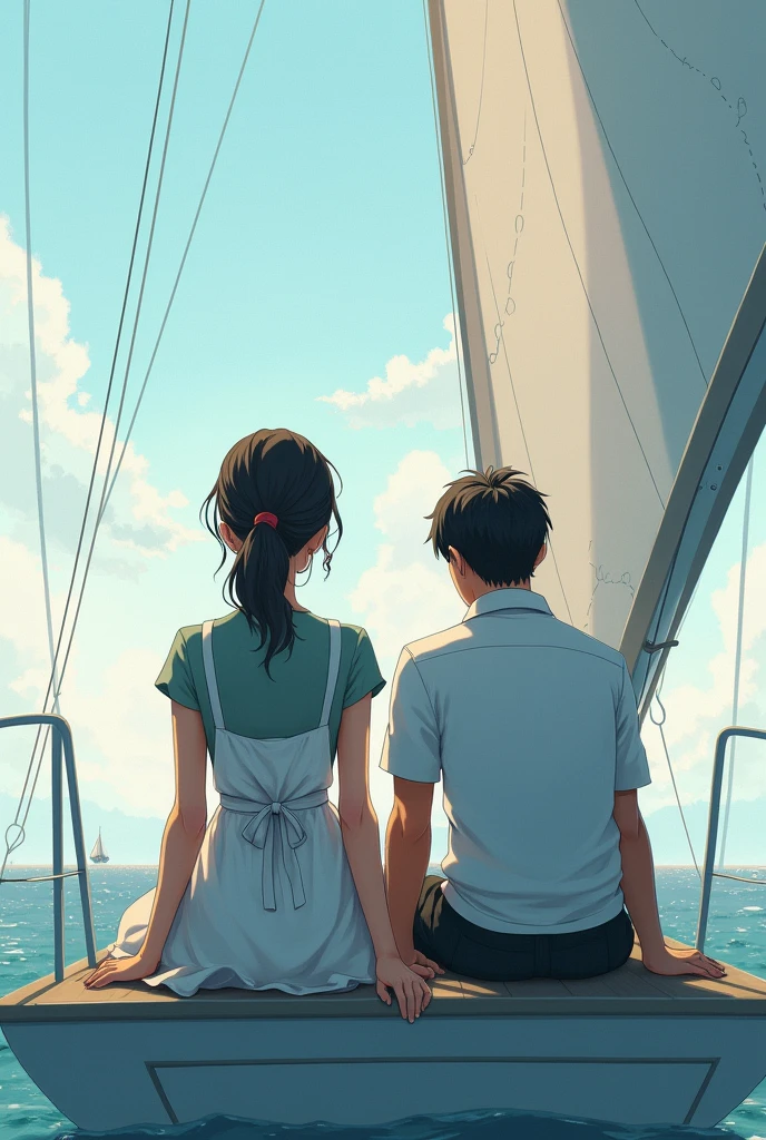 A male young captain and a young  waitress wearing an apron sit on a sailboat with waves and sky and they turn their backs to look into the distance.