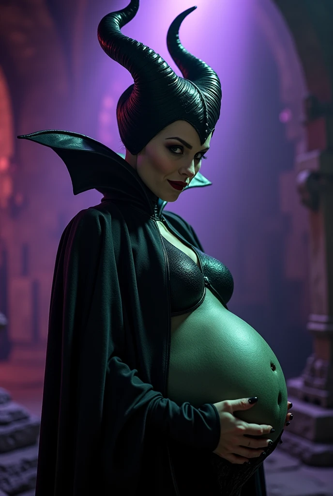 A stunning closeup portrait of Maleficent in the process of transforming into a dragon, she is not quite human, yet not quite a dragon, location is dungeon interior, purple and green light, breasts, powerful, nine months pregnant