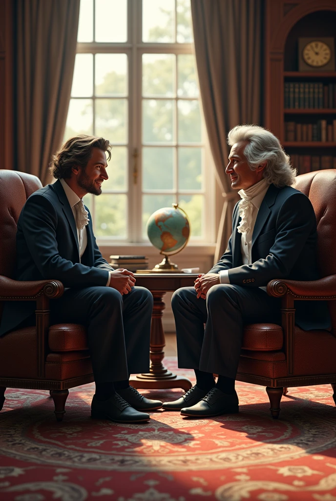A young 2 CA in Luxurious CA Firm office sitting on chair talking with Newton sitting in front realistic image