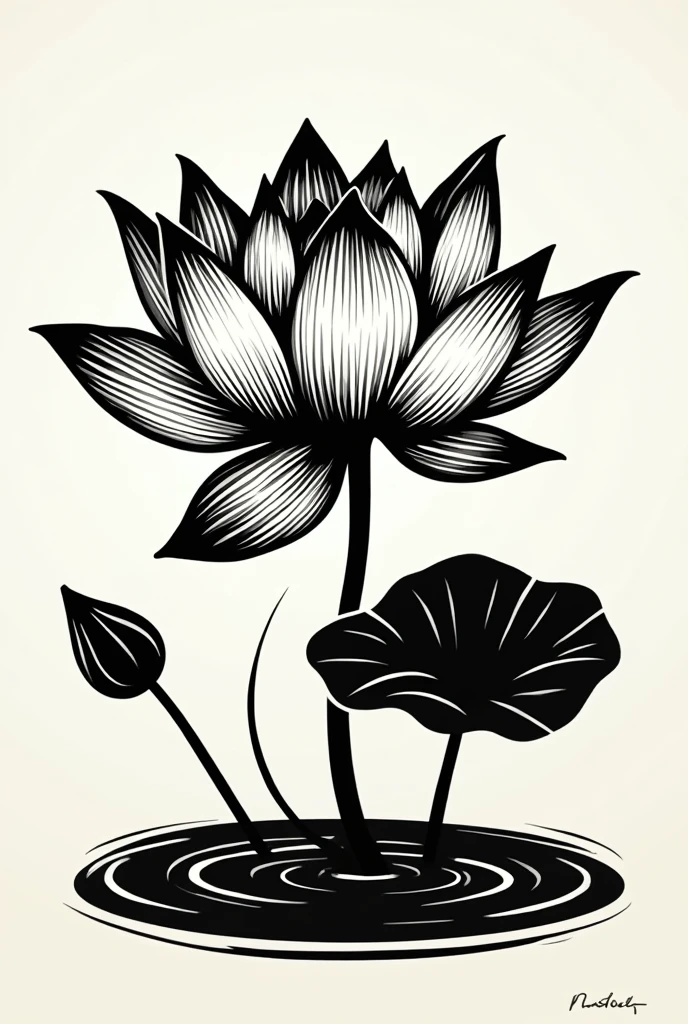 Linocut lotus flower black and white

