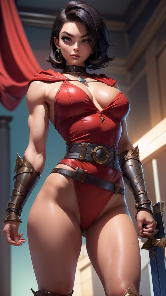(masterpiece), best quality, expressive eyes, perfect face(masterpiece), best quality, expressive eyes, perfect face, Female warrior, very short black hair, scar on left eye, bronze skin, red lips, amber eyes, muscular, wide hips, large breasts, holding a sword, red cape torn shoulder, arm sleeves, belt on legs, steel plate boots, steel plate gauntlets, chocker, breast plate, pussy plate, body scars, standing, arm armor, leg armor, half naked
