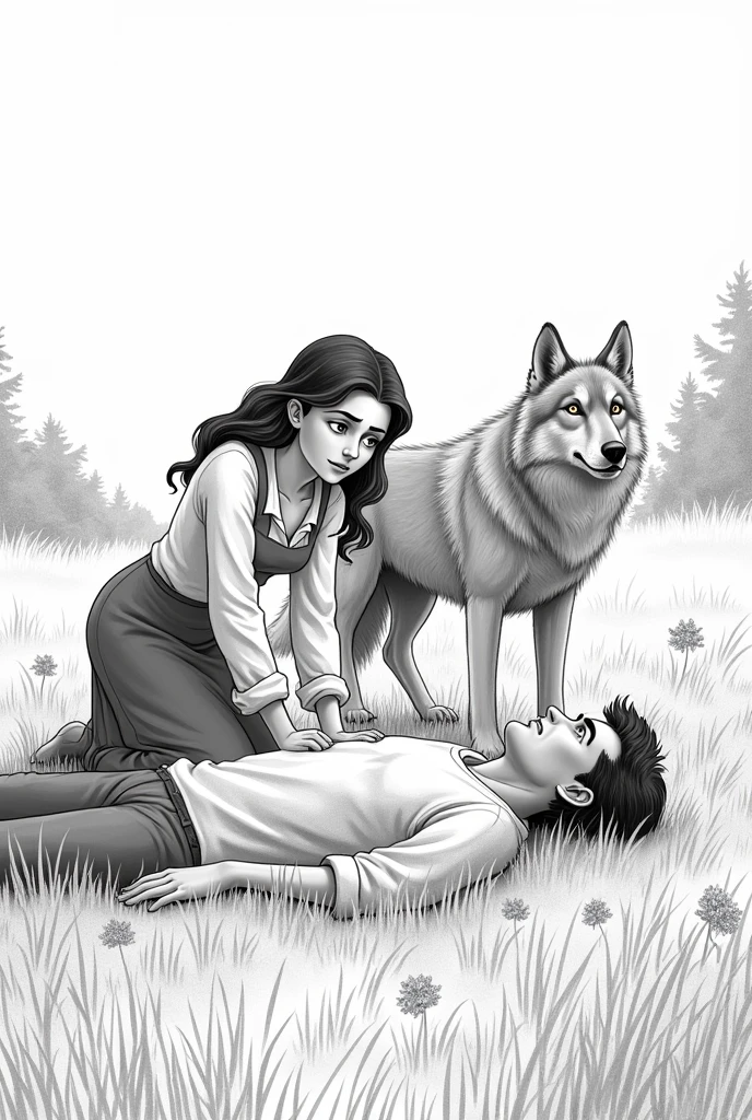 A worried woman,man on the ground in a meadow and with a wolf like the one from white fang there,The photo should be in black and white and do it in pencil and in animated cartoon in pencil