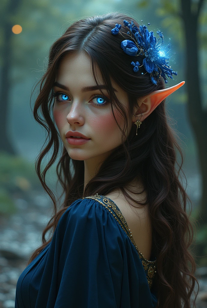 a half-elf witch with heterochromia of the colors blue and gold with brunette hair