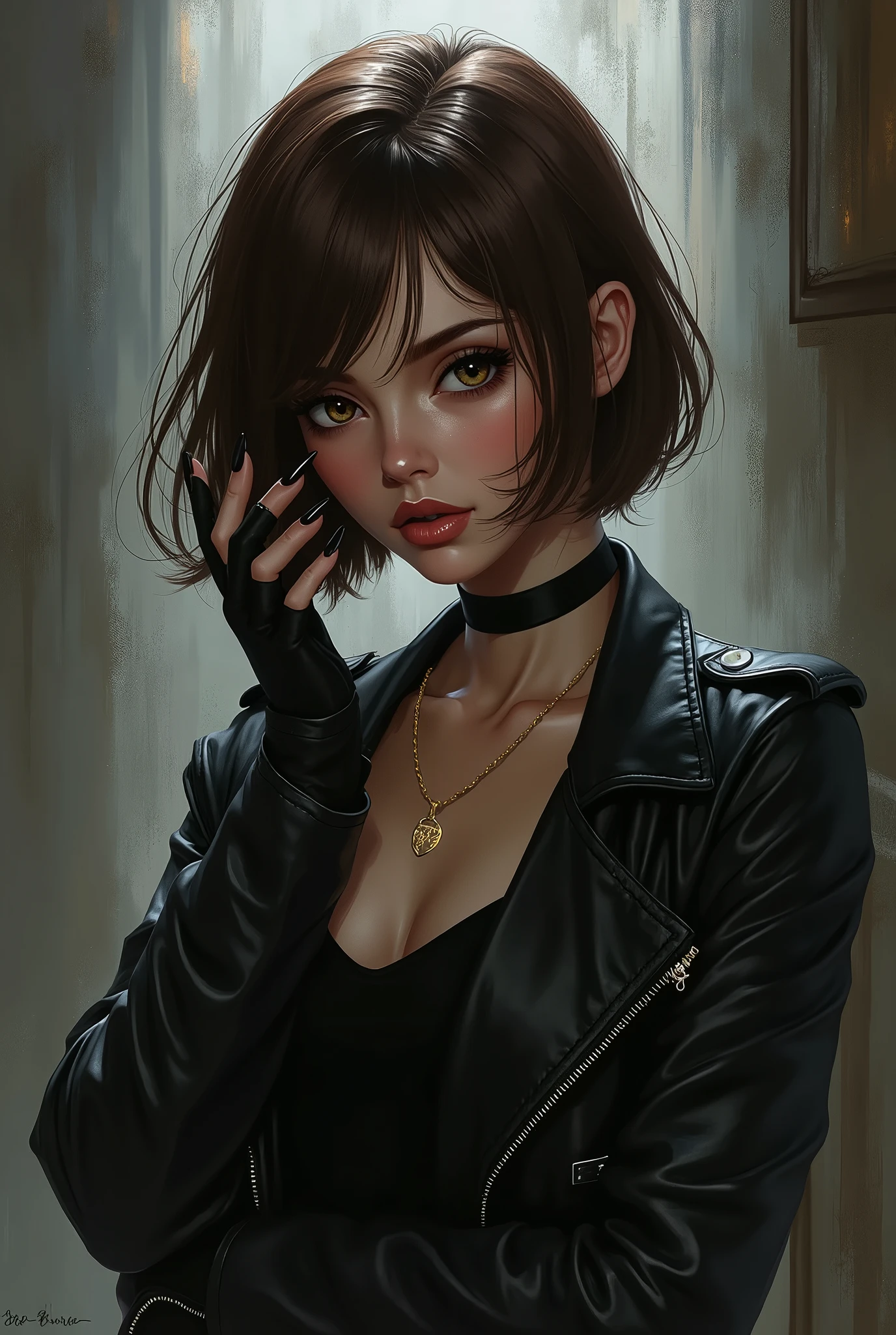 Young woman, black leather jacket, Brown hair, Bob haircut, Black shadows, black manicure long, anime