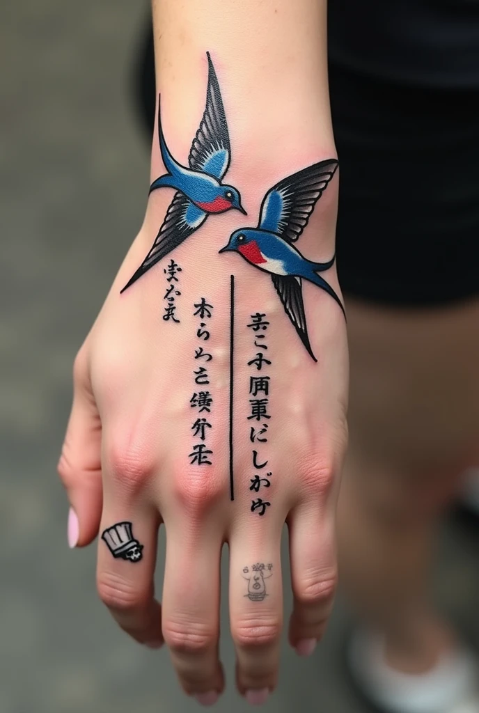 Two swallows and a line on the back of the hand from the pinky finger to the elbow and parallel to it J. Bala(Japanese letters) Wick(English capital letters) Rama(Japanese letters) parallel to the line down, and chef hat with skull tattoo added to me  Need a tattoo design