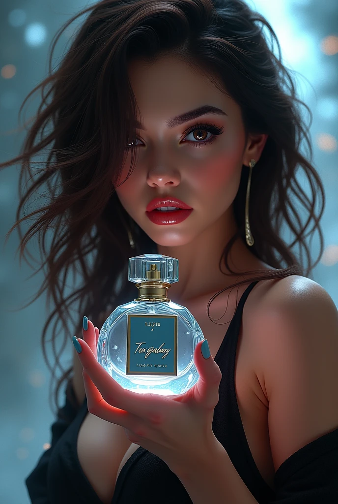 Create a brunette woman from (((whole body))) holding a perfume that says ToxGalaxy