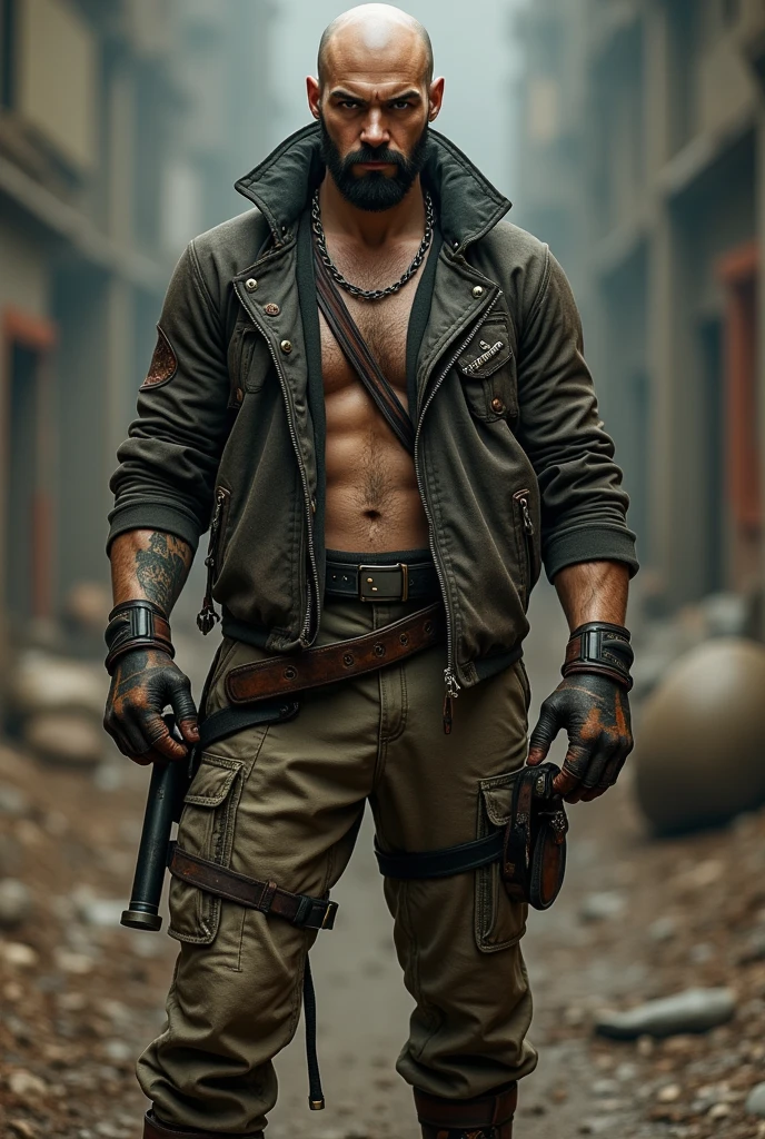 (photorealism:1.2), ((full body)) young attractive bald man, european, fit body, white skin, black short beard, brown eyes, mad max outfit