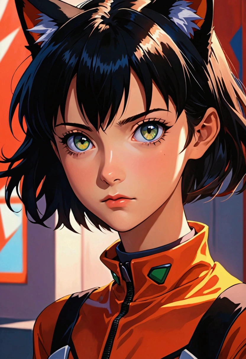 Create an anime character in the 'Neon Genesis Evangelion' style with striking facial features, large and expressive eyes. The character must have a serious expression, a girl with cat ears and short black hair,
do it with black clothes and a full body and in the background the night with rain