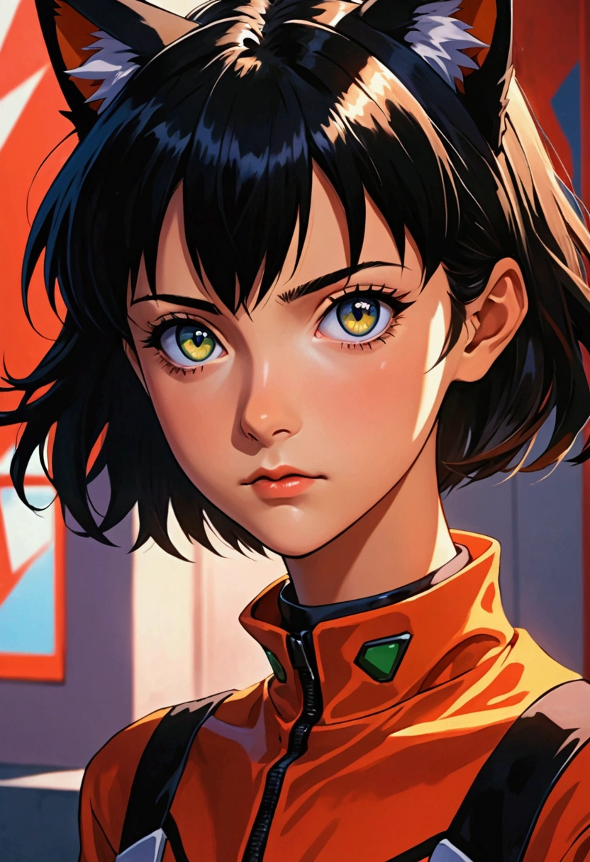 Create an anime character in the 'Neon Genesis Evangelion' style with striking facial features, large and expressive eyes. The character must have a serious expression, a girl with cat ears and short black hair,
do it with black clothes and a full body and in the background the night with rain