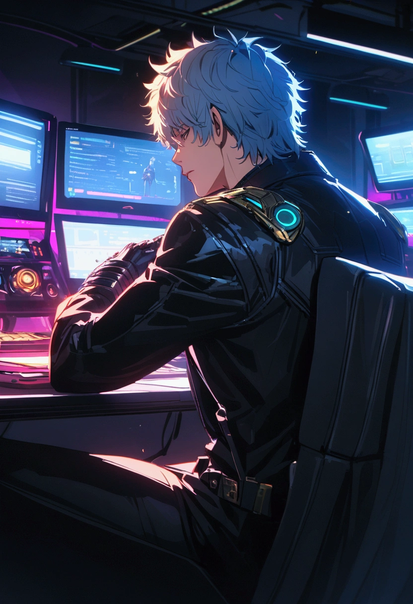 Sakata Gintoki from Gintama,Sitting on Workspace,Focus, Cyberpunk, Ultra-detailed