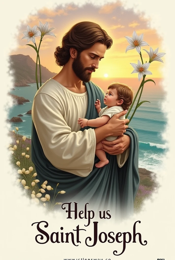 Bookmark of Saint Joseph the Worker holding Jesus in one arm, on the other arm 3 flowering lilies from the same stem, from beside, the sea with the stunning sunset, below, written in beautiful letters "Help us Saint Joseph"
