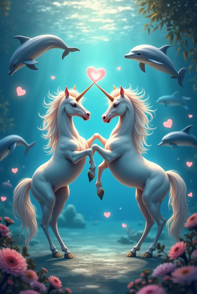 unicorns with dolphins with hearts 