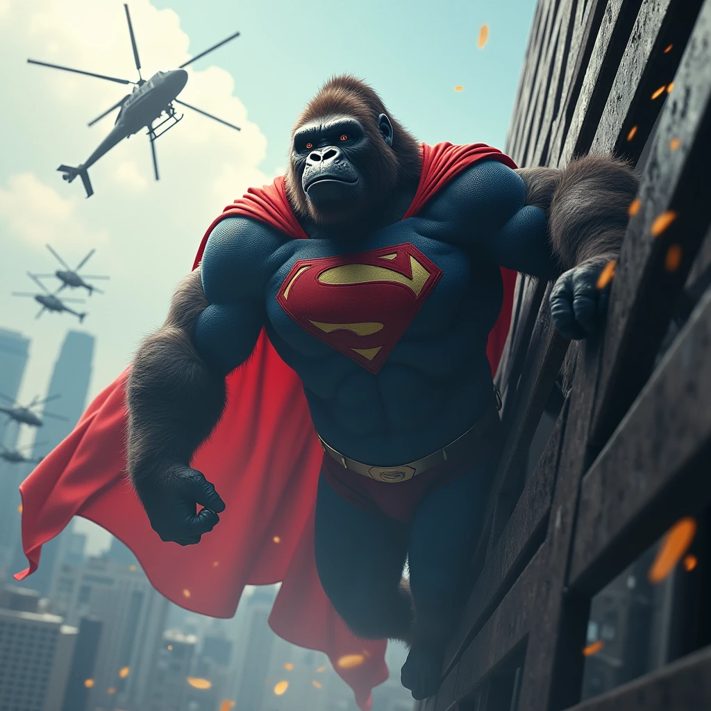 Superman and gorilla hybrid version.The gorilla looks like Superman and is wearing a red and blue Superman suit. The gorilla is also wearing a Superman face mask. And he is hanging from a building. Some helicopters are also flying around the building