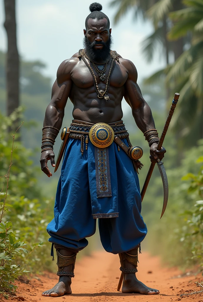 Black African man in cobalt blue pants with dagger weapons, iron on the waist and a knife attached to the side and Mariow's face with a wind effect barefoot with a spear in his hand in close-up , in an African dirt site with some foliage . Hyperrealistic image written in blue with gold underneath OGUN