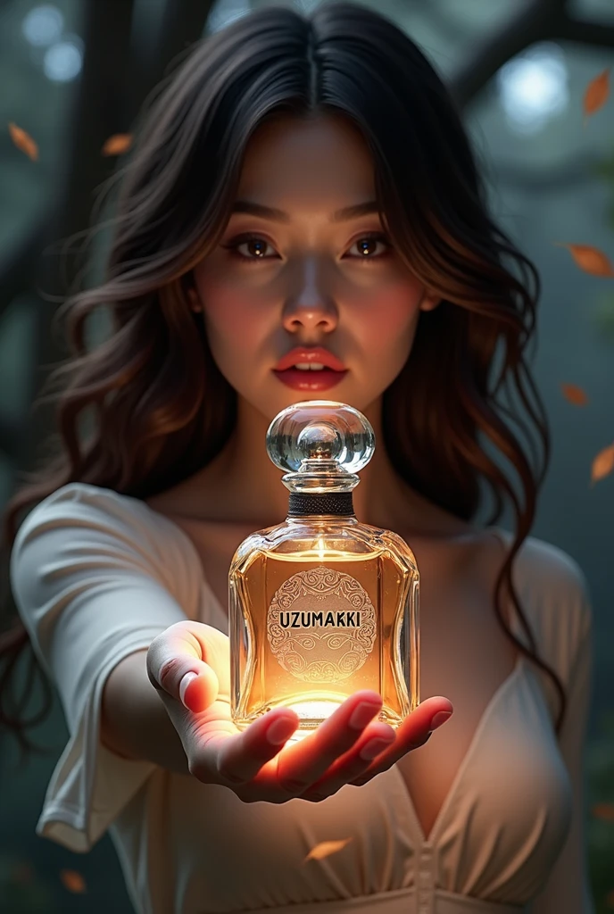 Create a brunette woman from (((whole body))) holding a perfume with the words Usumaki written on it