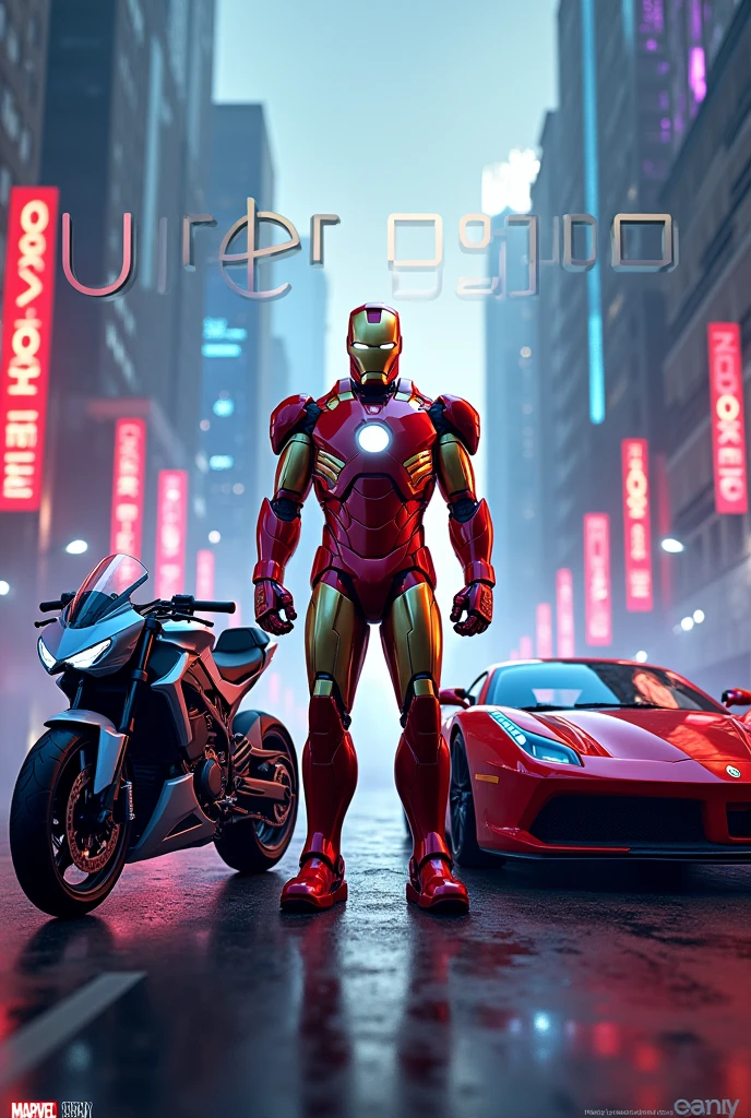 Create a photo with iron man character And a motorcycle and a car Write Uber 99POP