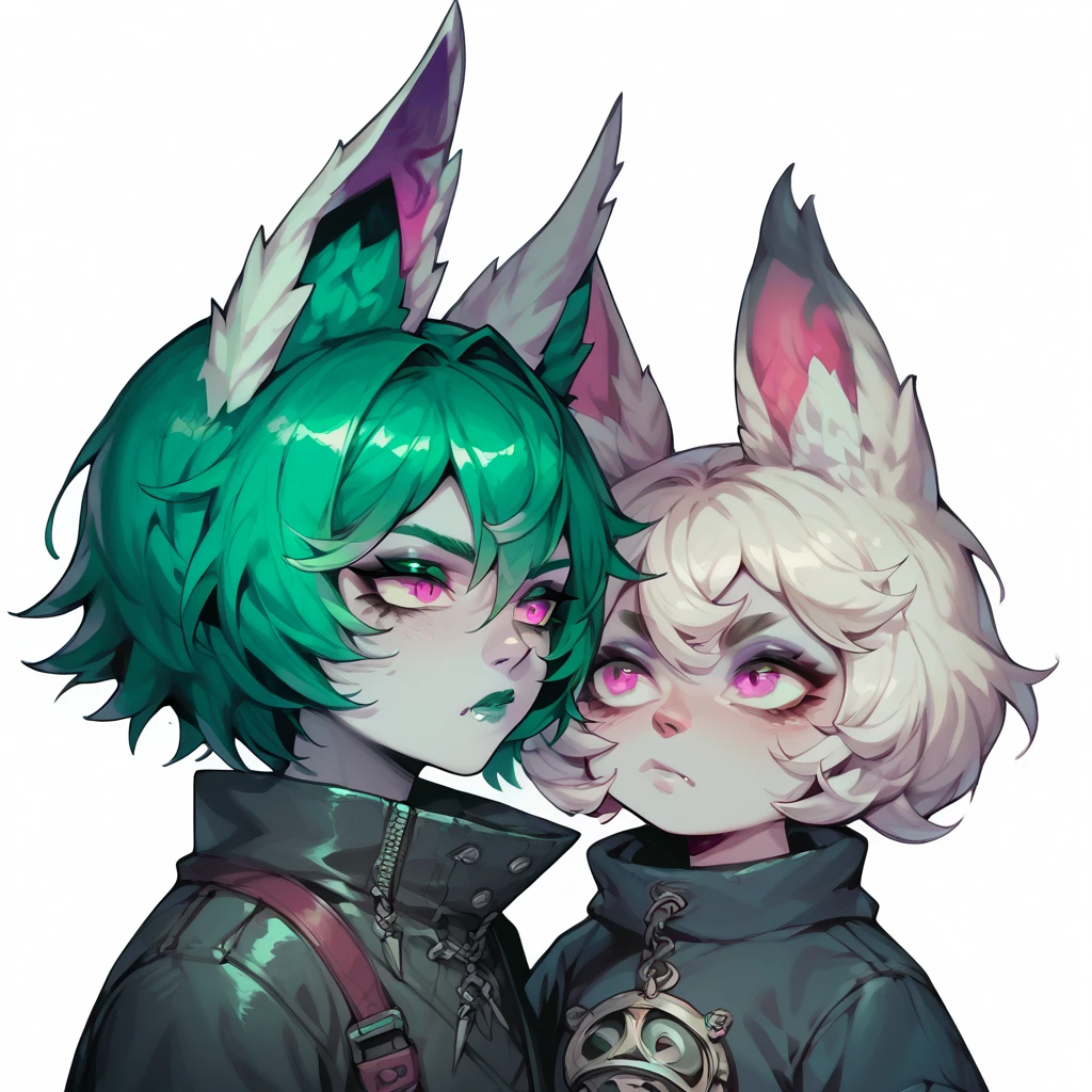 score_9, score_8_up, score_7_up, score_6_up, score_5_up,2CHARACTERS, 1FEMBOY,,VexLoLXL, yordle, shortstack, pink eyes, green hair, bangs, short hair, grey skin,  white animal ears,  