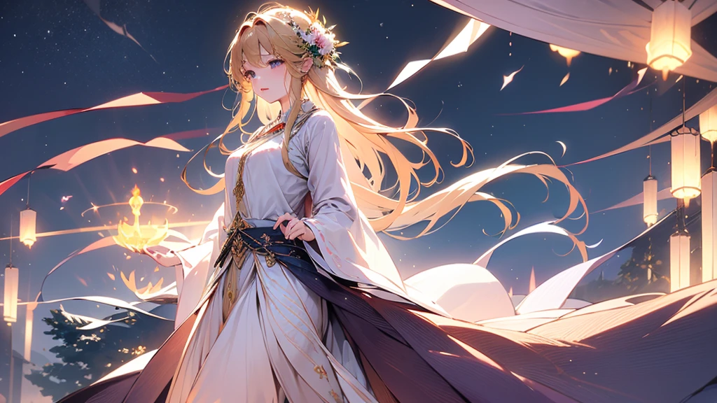 In a vast, fantastical forest、On the shores of a magical crystal lake、A girl with blonde hair is sitting。Her hair flows like waves of golden light、It's swaying in the wind。She is wearing an intricately decorated white dress、The hem of the dress lightly touches the lake surface.。
In the center is、A large elven-style harp is placed on which the girl is seated.。This harp is、It is inlaid with intricate carvings and precious stones.、It shines as if it were alive.。The strings of the harp、It curves gracefully while emitting a faint light.、Swaying gently to the flow of the music。Behind the harp、The design is elven-like and in harmony with nature.、葉Flowersの模様が繊細に彫り込まれています。
The girl was playing music with the harp, putting all her strength into it.、Every time her fingers touched the strings、A streak of light travels along the string and spreads into the air.。In the surrounding area、Generated by the musical magic of the harp、Sparkling stardust and fantastic particles of light float about.、It's as if the music shapes the space.。
On the surface of the lake、The light from the harp reflects off the light, creating a fantastic pattern.、Trees in the forest々Flowers々Also illuminated by that light、The atmosphere is like being in a dream.。Pale purple and pink clouds spread across the sky.、A soft star in the distant sky々blinked、The music creates a magical night.。