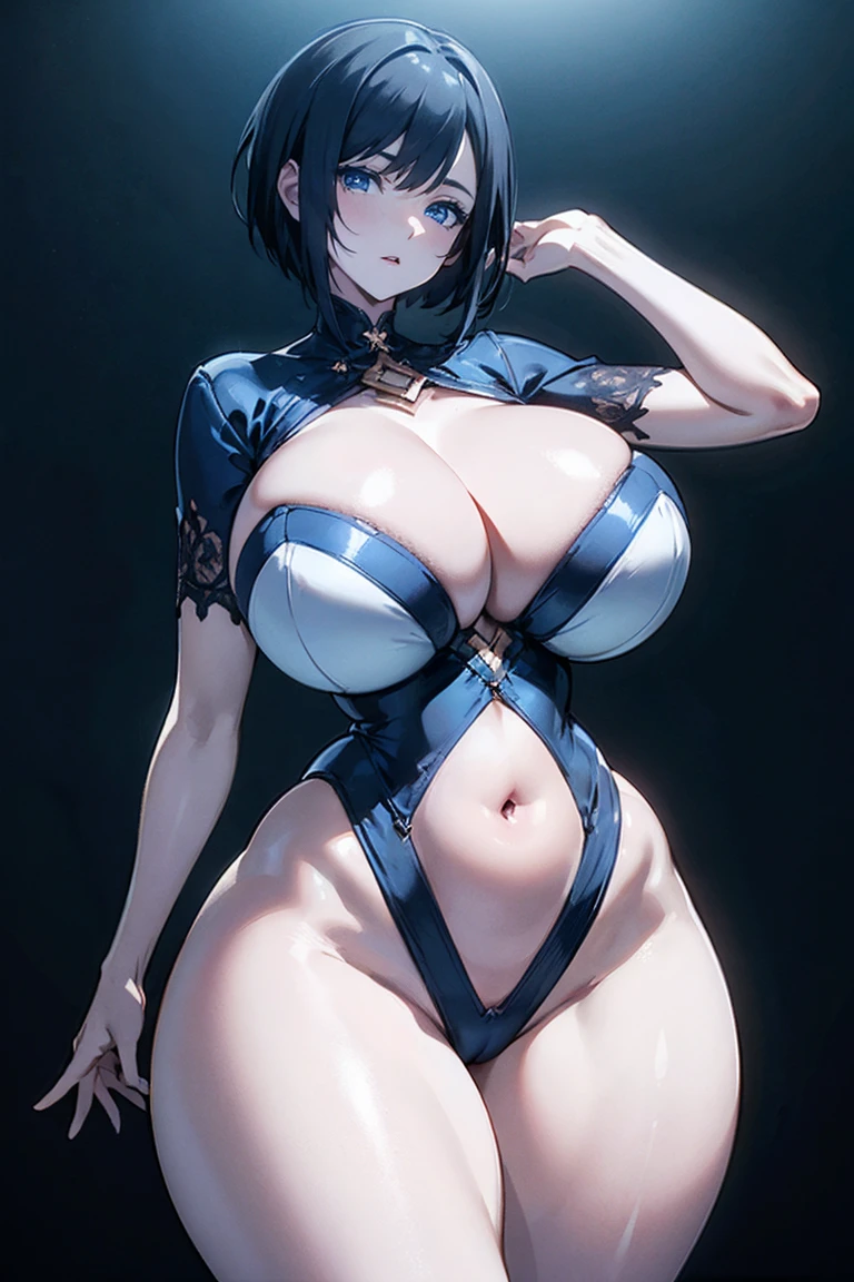 (masterpiece, best quality, perfect face, (beautiful and aesthetic:1.2), extremely detailed, highest detailed face), (beautiful girl, (short black hair:1.2), (vivid blue eyes:1.3), (pale skin:1.2), (fake breasts:1.2), huge breasts, (narrow waist), (thicc thighs:1.3), (narrow hips)), long legs, (slender body:1.2), (black bodysuit), (dark fantasy theme, dark chamber), (night:1.4), dimly lit), sexy pin-up pose, looking at viewer, full shot, solo, (elegant, intricate, detailed digital art, high quality, 4k, extremely detailed, sharp, CG, 2D, dramatic light, HDR),