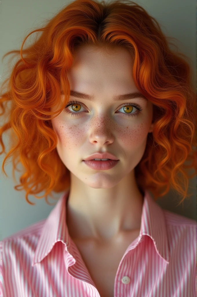 Beautiful woman with orange curly hair, yellow eyes, freckles on her skin, wearing a pink striped shirt