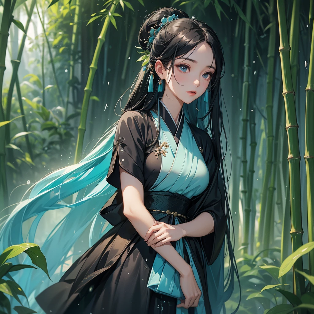 A black hair beautiful female in black-blue hanfu dress , close up.

The back is a lush green bamboo forest. The air after rain has water droplets splashing around.