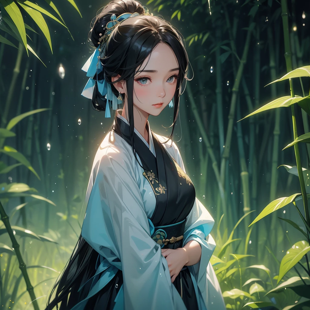 A black hair beautiful female in black-blue hanfu dress , close up.

The back is a lush green bamboo forest. The air after rain has water droplets splashing around.