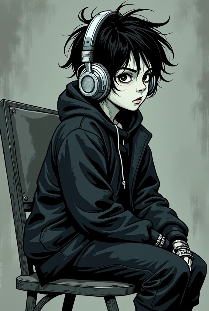 A gothic boy illustrated in a comic book style, with bold lines and dark, moody colors, sitting in profile on a chair, full body. The boy has pale skin, dark, messy hair, and is dressed in a black outfit with silver accessories, wearing large headphones over his ears. His body turned sideways, his eyes looking happy upfront
