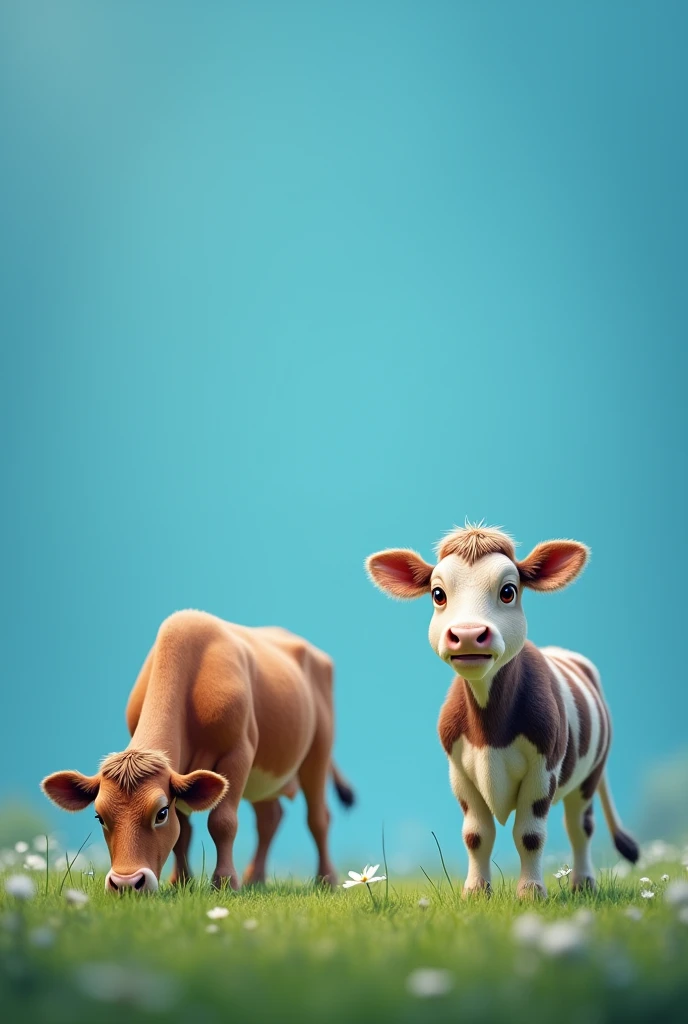 Generate two cow in a single image one grazing and one looking at front with stripes in a blue background 