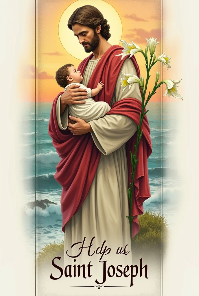 Bookmark of Saint Joseph the Worker holding Jesus in one arm, on the other arm 3 flowering lilies from the same stem, from beside, the sea with the stunning sunset, below, written in beautiful letters "Help us Saint Joseph"
