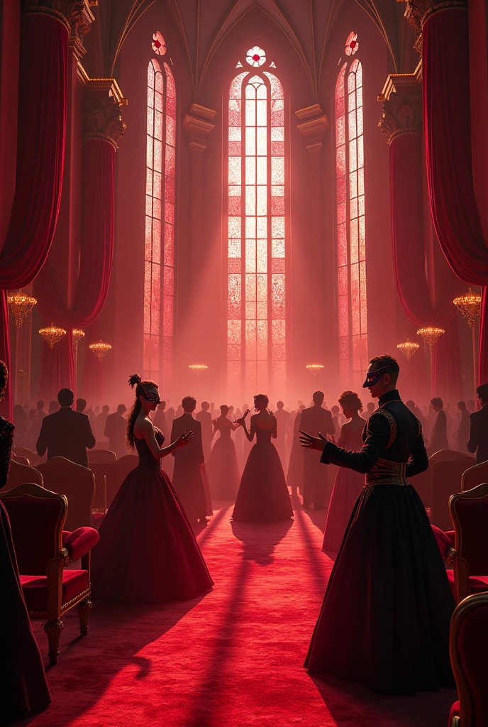 Can you create a great masked ball?, in the style of a Venetian carnival in a huge royal hall?, very wide, with gothic style windows with red curtains, with completely red walls, French medieval style furniture, red carpeted floor, red carpets, completely red upholstery, very intense, through the opaque red stained glass windows