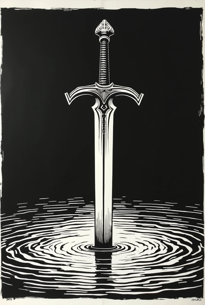 sword coming out of water Linocut black and white
