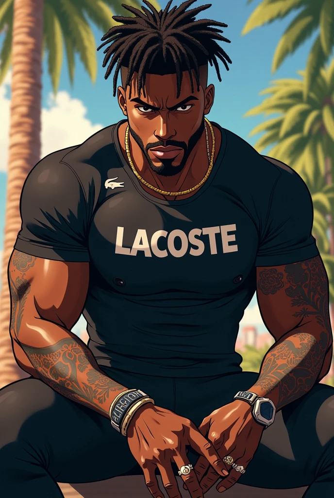 Create an image in the Leonardo Ai anime XL image creation template African American man with shiny black skin, chocolate black color , with a bold attitude and irreverent stance, wearing a tight Lacoste training shirt defined with details the strong anatomy of the body , showing off tattoos and rings on their fingers, com cabelo dreadlocks curto, and wearing a surfer's outfit, No estilo jujutsu kaisen, anatomia de fairy talli, he is sitting