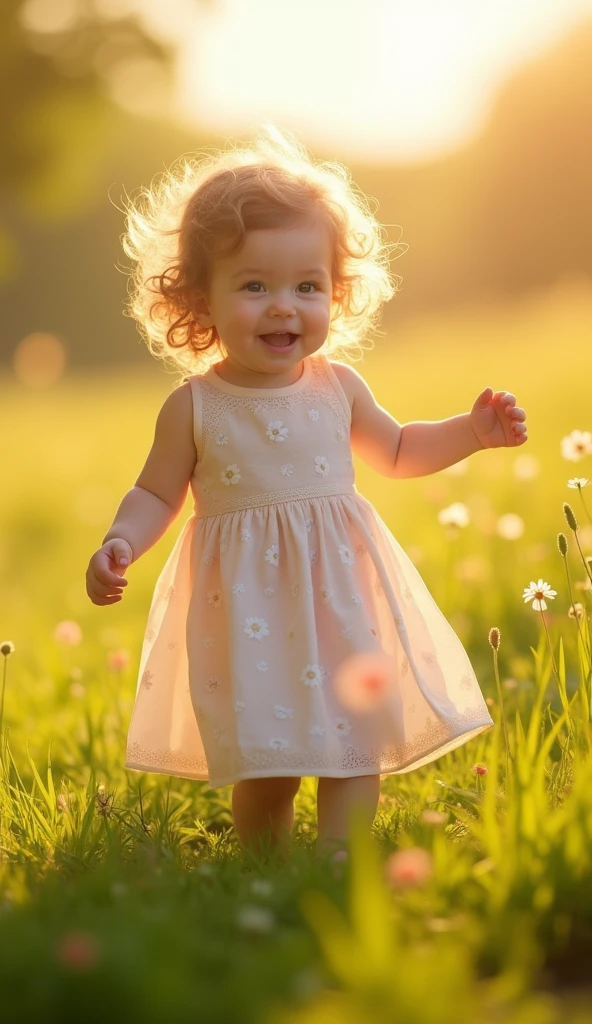 Create UHD photorealistic realistic image, no animation, no 3D image, no Pixar style. Capture a 24-month-old girl dancing in a sunlit meadow, her dress fluttering in the breeze. Use a 50mm lens for sharp focus and a soft, golden background. Lighting should enhance the warmth of the sun, casting gentle shadows. Ensure her hand shows exactly five fingers. The photo should look like it was taken by a seasoned photographer in a natural setting.
