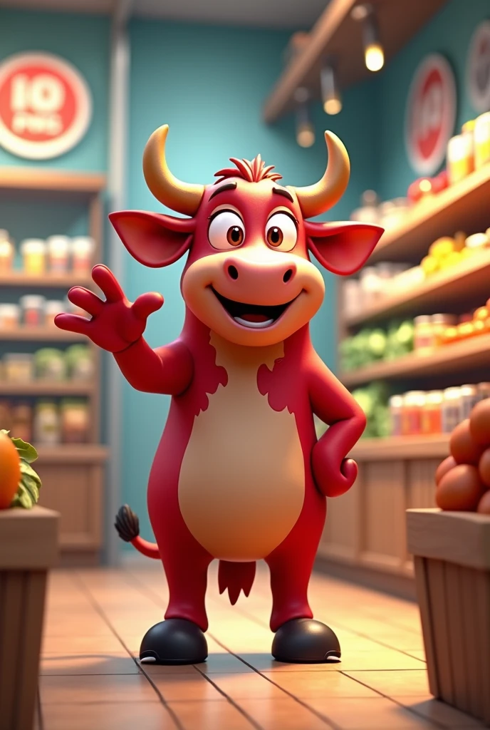 create an animated beef mascot inviting us to visit with a grocery store in the background