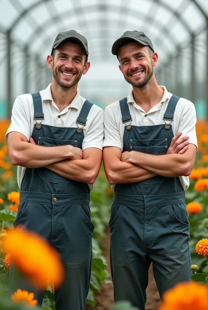 2 young man,flower worker,with overalls,cap,delgado,Crossed arms,smiling ,sweaty,only one person in the picture