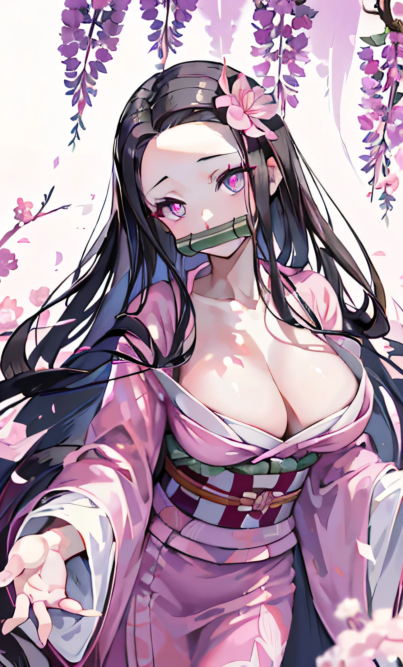 masterpiece, (pink kimono), , seductive face, good lighting, décolleté, huge breasts, small details, masterpiece, glowing eyes, 1girl, black hair, gag, bamboo, Nezuko Kamado, wisteria background, masterpiece, best quality, POV, whole body, wide hips, ((most charming eyes)), ((bright sparking coloured eyes)), ((alluring eyes))