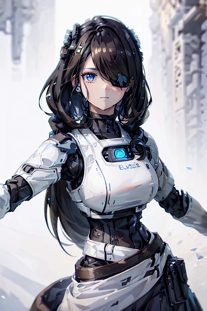 A beautiful android girl with black and brown hair, wearing a sleeveless white dress and long elegant white gloves, with a blue left eye glowing with energy and an eye patch on the right eye, highly detailed, cinematic lighting, photorealistic, 8k, masterpiece