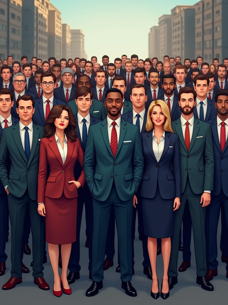 groupe of 35 personnes men and woman dressed in suits with slogan "we are the DTM"