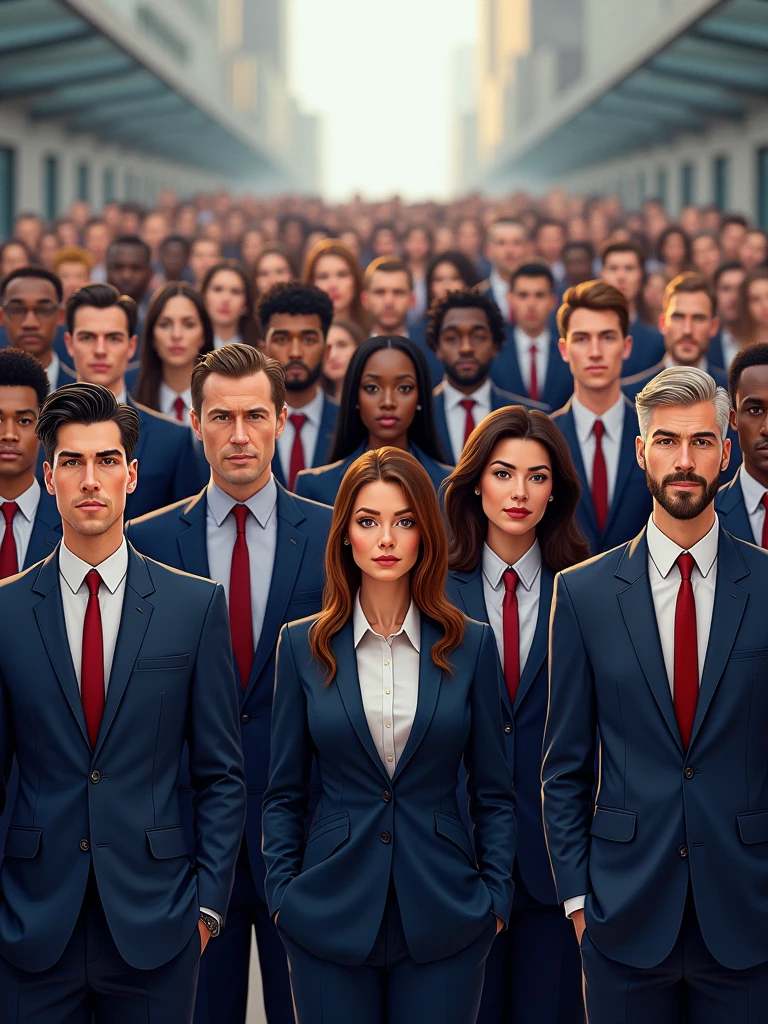 groupe of 35 personnes men and woman dressed in suits with slogan "we are the DTM"
