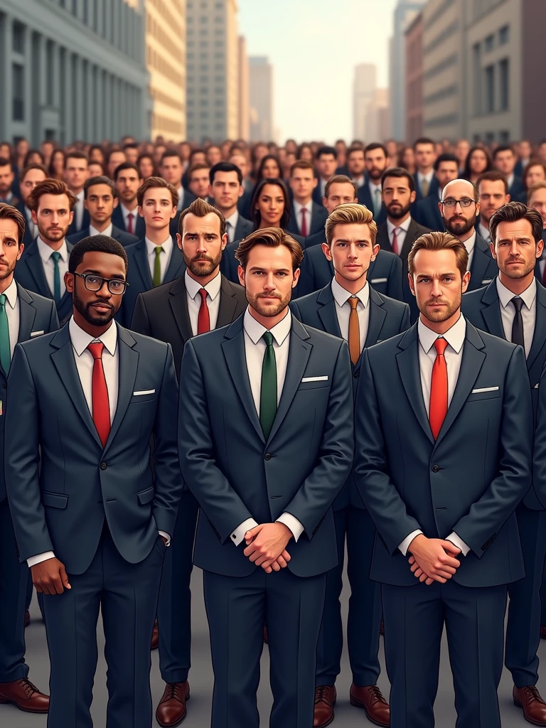 groupe of 35 personnes men and woman dressed in suits with slogan "we are the DTM"
