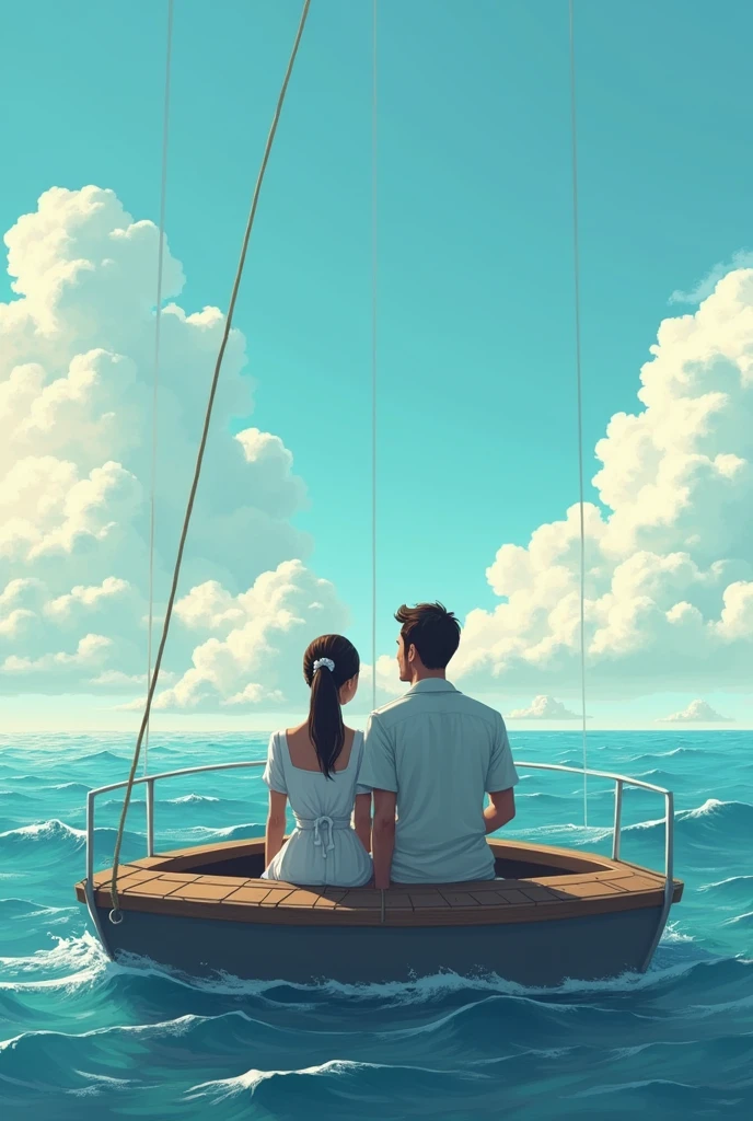 Create ebook A male  captain and a   waitress wearing an apron sit on a sailboat with waves and sky and they turn their backs to look into the distance.