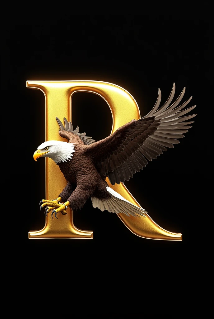 Create a large, golden letter R with half the body of a bald eagle coming out from the right side of the letter, hugging it with one wing. ,  all this on a black background