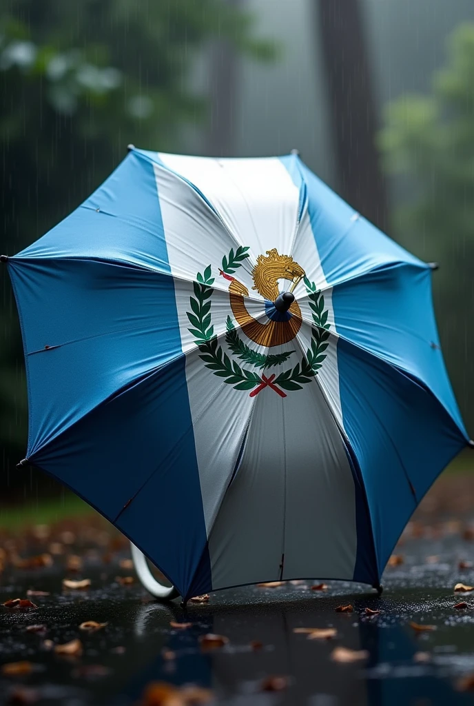 Umbrella with the coat of arms of Guatemala. Among the elements of the coat of arms are rifles., that allude to strength, while the swords to justice and sovereignty.