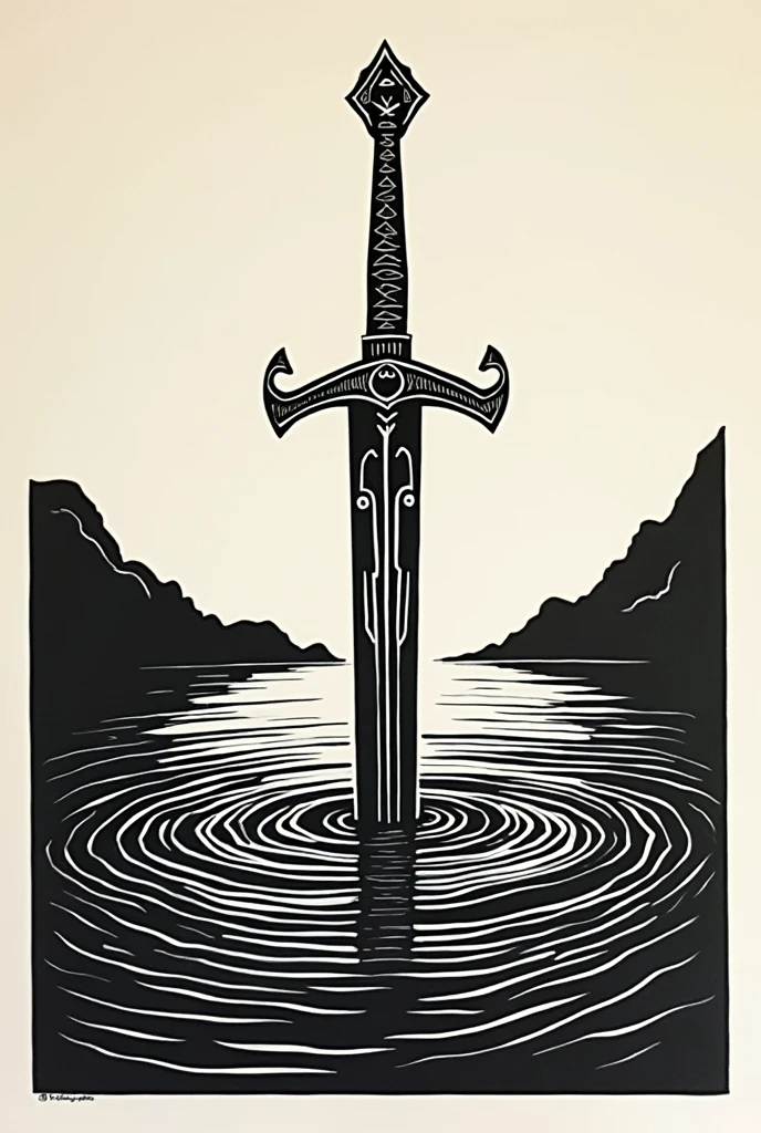 sword coming out of water Linocut black and white