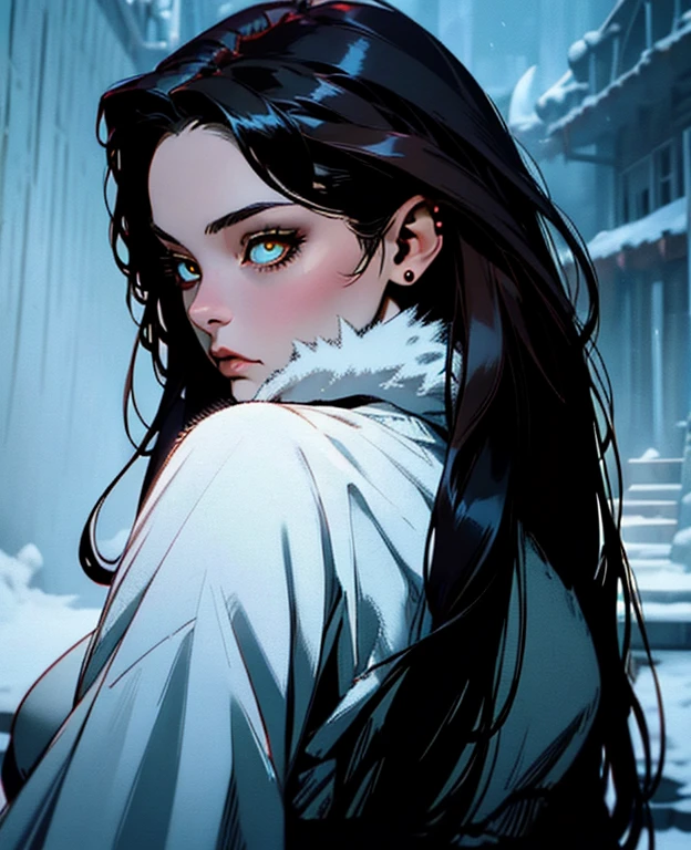 hyper-realistic of a mysterious woman with flowing dark hair, piercing yellow eyes, backwards, looking back, upper body, (snow background), (winter clouthes), (fur), (mature)