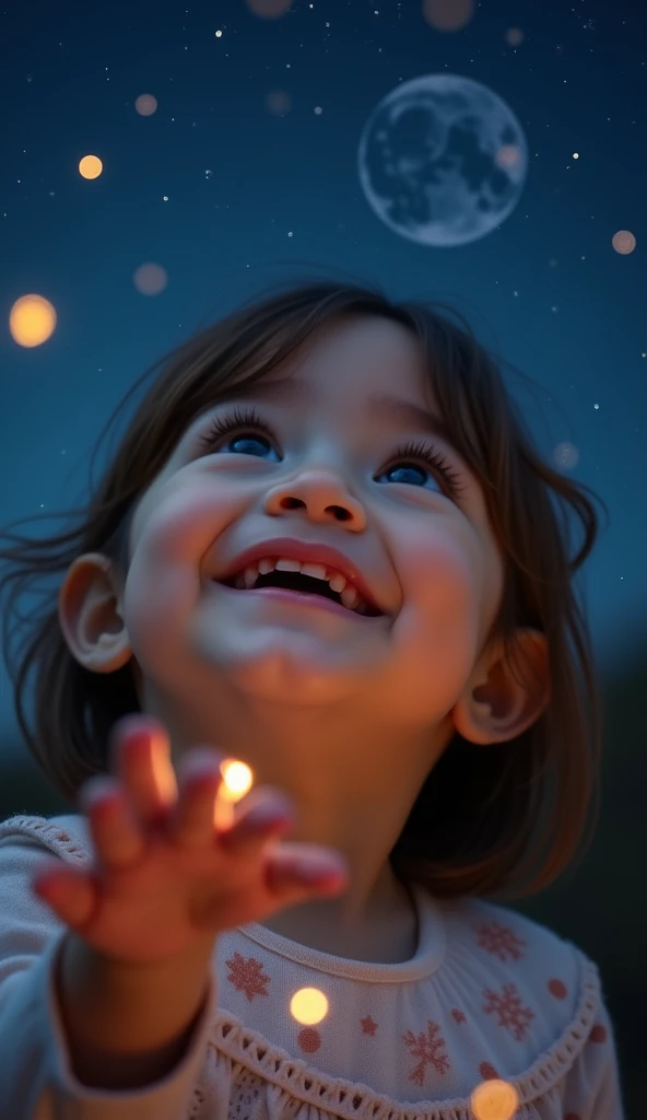 Create UHD photorealistic realistic image, no animation, no 3D image, no Pixar style. Capture a 18-month-old girl gazing at the night sky, with a joyful expression as stars twinkle above. Use an 85mm lens for a close-up with a blurred, starry background. Lighting should mimic soft moonlight, highlighting her face. Ensure her hand shows exactly five fingers. The photo should feel like a magical, serene moment in a family album.
